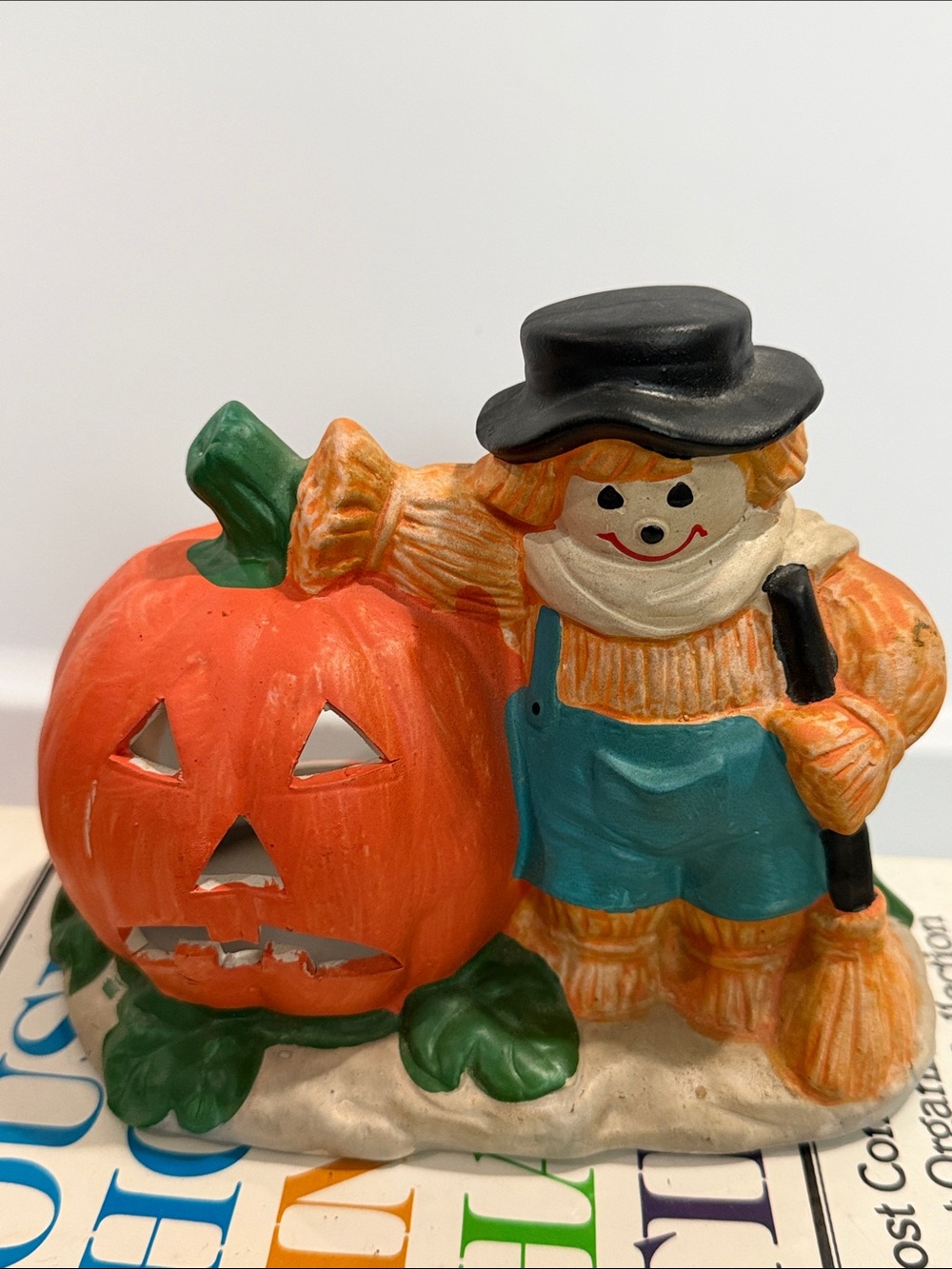 Vintage Halloween Ceramic Scarecrow and Pumpkin Tea Light Holder